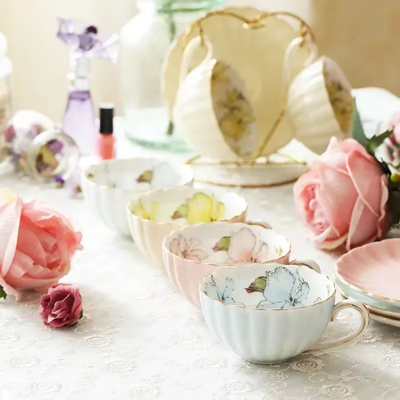 Ensemble de tasses à thé et soucoupes en porcelaine rose