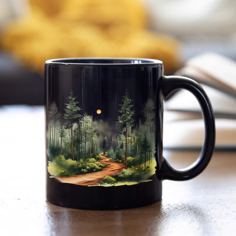 Tasse en céramique, sentier de la forêt noire avec motif lune et arbre