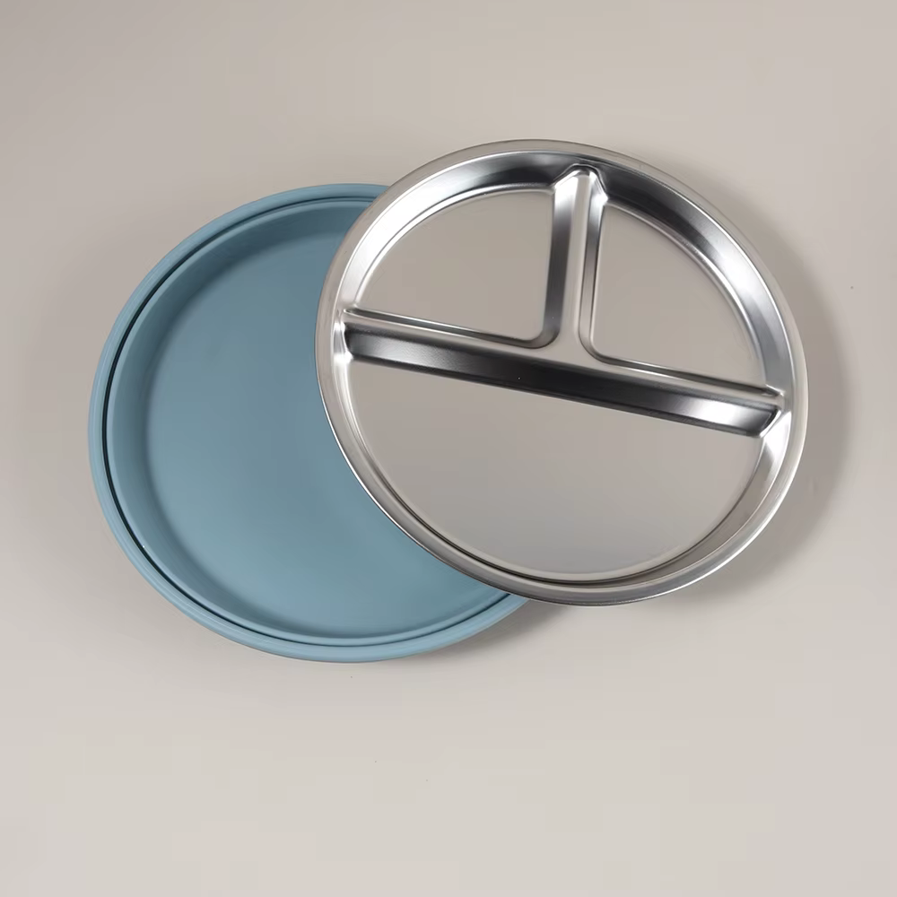 Assiette pour enfants en acier inoxydable avec bord en silicone