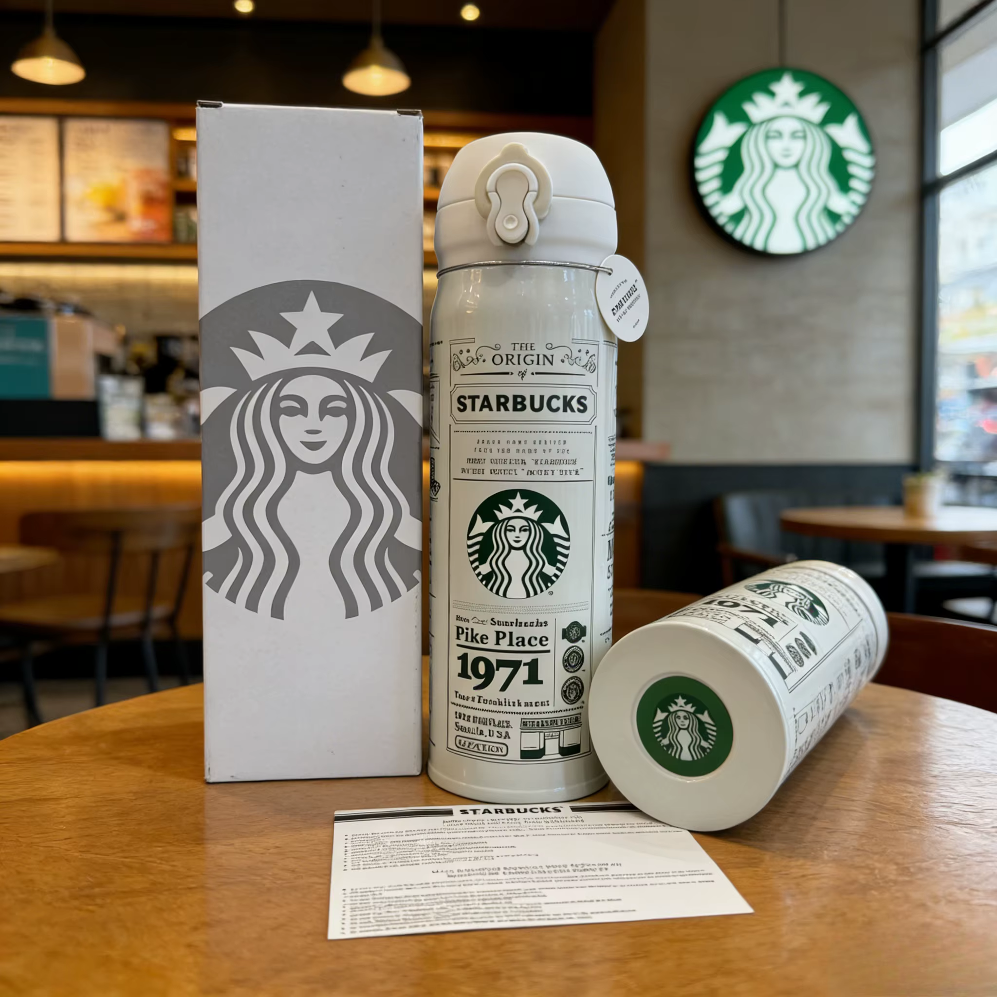 Starbucks 1971 Tasse thermique rétro en acier inoxydable noir et blanc