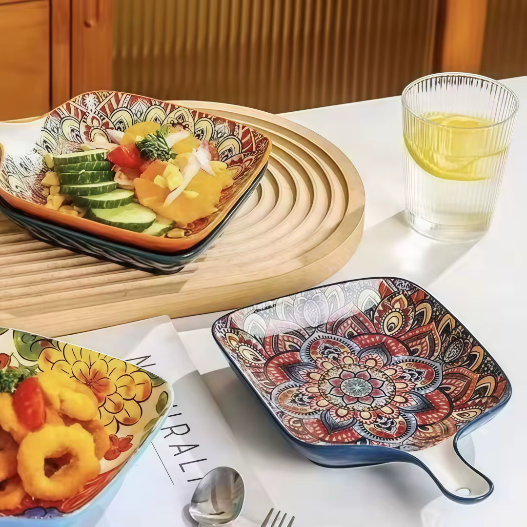 Assiette carrée en céramique à poignée bohème