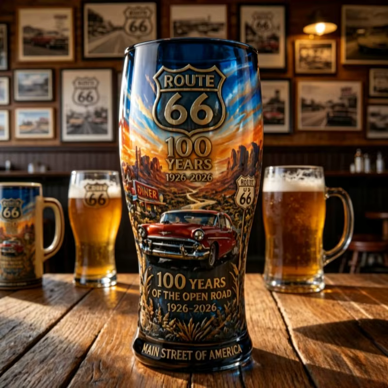Chope à bière en verre vintage Route 66