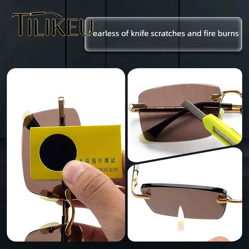 Nouvelles Lunettes de Soleil 2026 en Alliage et Verre Cristal Marron, Classiques pour Hommes, Carrées, Anti-Rayures, Sans Monture, Bords Taillés, Verres Solaires UV400