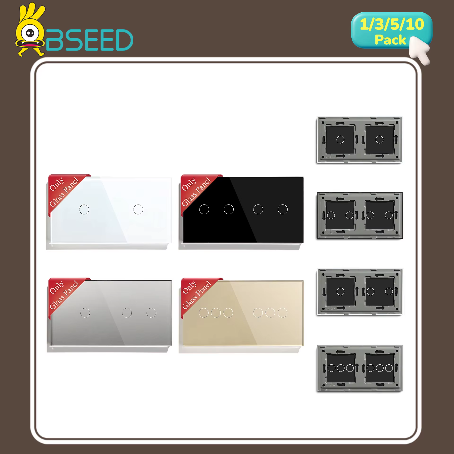 BSEED – panneau en verre cristal de 157mm, 1/2/3 gang, pour interrupteur tactile mural, uniquement panneau avec cadre métallique, sans module, combinaison libre