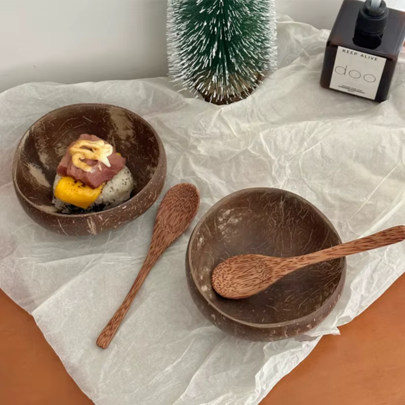 # Bol en noix de coco naturel fait main | Vaisselle écologique avec fourchette et cuillère pour dessert