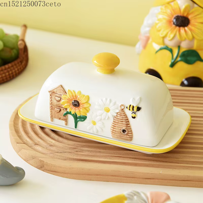 Plat à beurre en céramique plat à Dessert Snack gâteau assiette plats créatif abeille tournesol beurre assiette décoration de la maison vaisselle en céramique