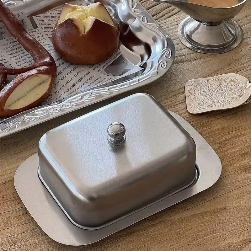 Plat à beurre en acier inoxydable avec couvercle