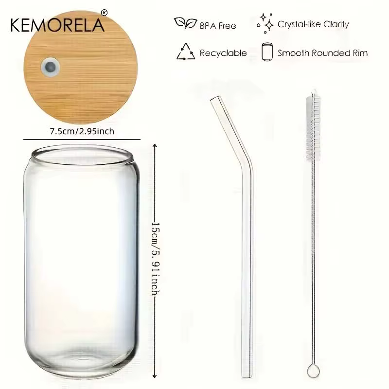 Lot de 2/4/6 gobelets en forme de boîte en verre de 500 ml avec couvercles et pailles anti-déversement et brosses de nettoyage en paille - Idée cadeau d'anniversaire
