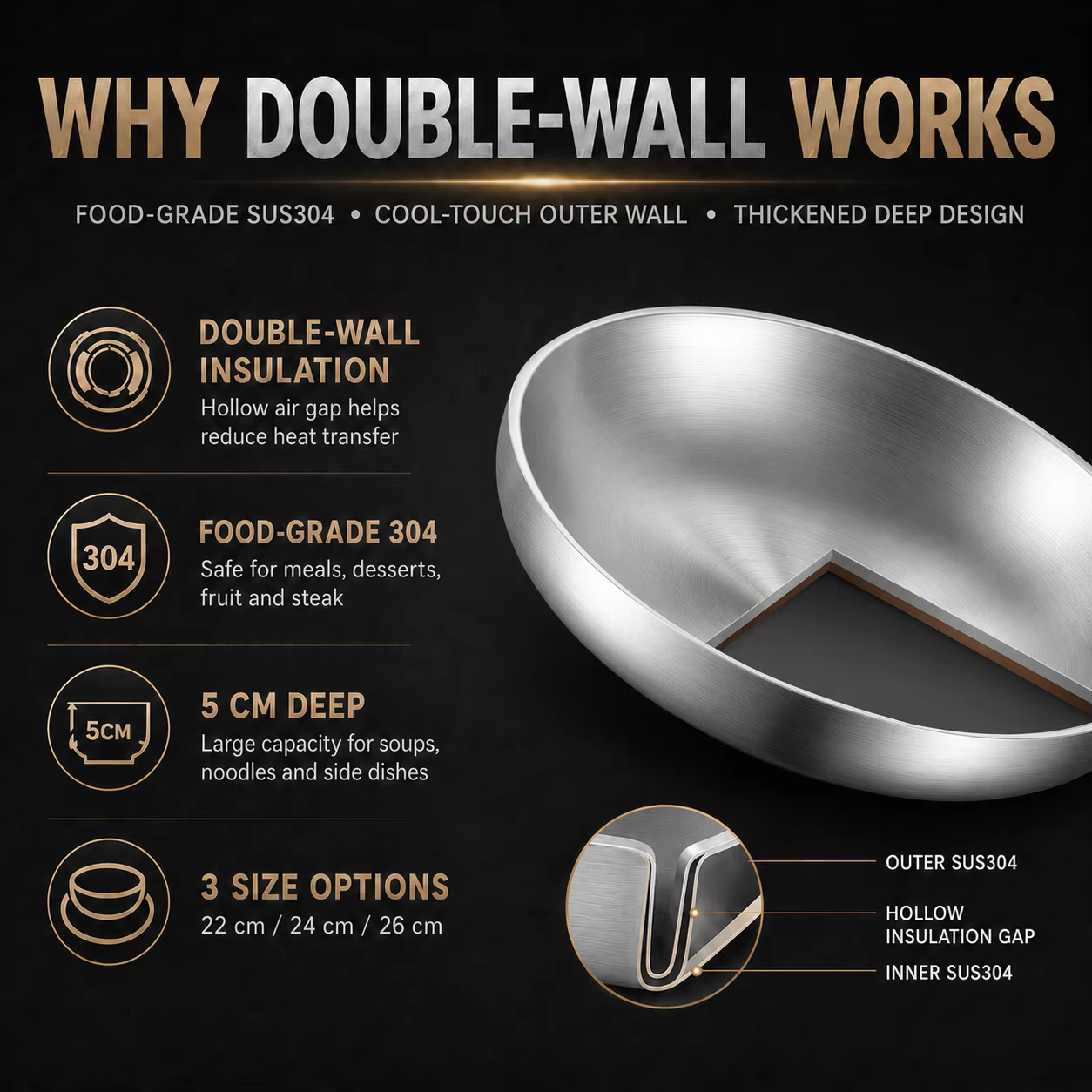 Assiettes à double paroi 22/24/26 cm en acier inoxydable 304