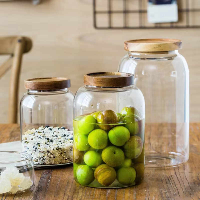 KEMORELA 3L pots de verre de cuisine avec couvercle hermétique d'acacia pour farine et sucre récipient de nourriture