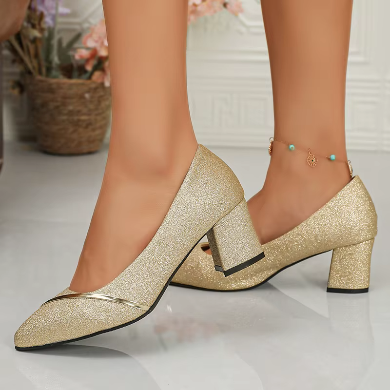 Sandales à talons hauts scintillantes or et argent pour femme, été 2026, à bout pointu et talon épais, à enfiler, pour soirée et mariage