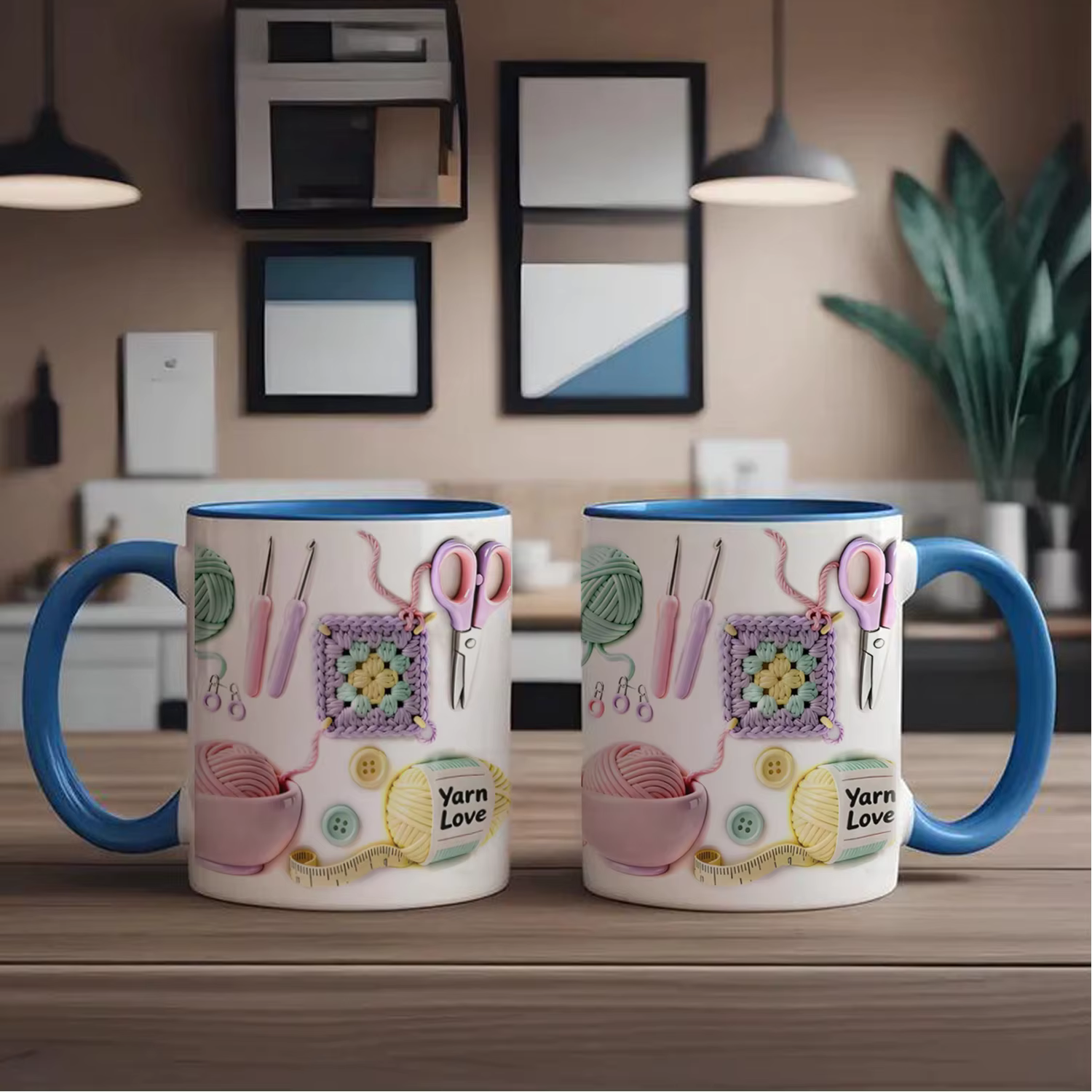 Tasse à café personnalisée avec motif tricoté - Nom gravé et logo boule de laine - Cadeau pour les artistes en fibres