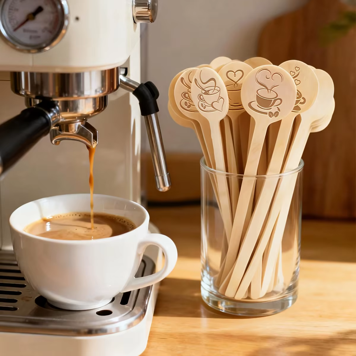 50 bâtonnets d'agitation jetables – Agitateurs à café en bois à tête ronde de 15 cm