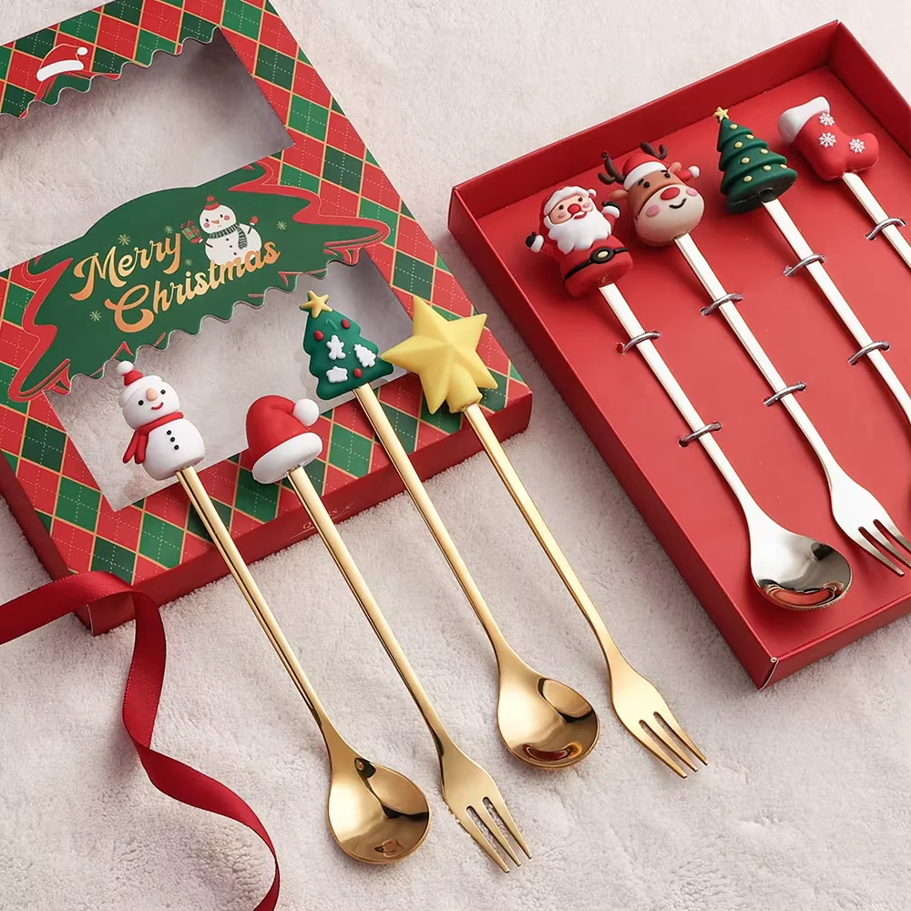 4 pièces/ensemble cadeau de noël or argent cuillère fourchette ensemble wapiti arbre