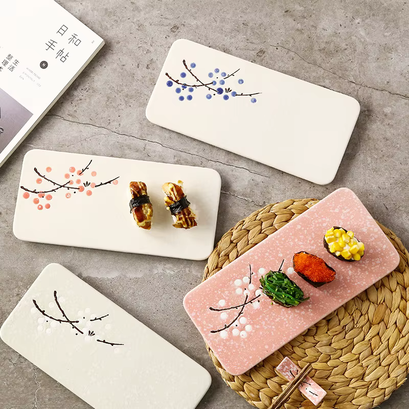 Assiette à Sushi en céramique japonaise, plat rectangulaire à manger pour la maison, plateau à fruits, conception de fleur de prunier