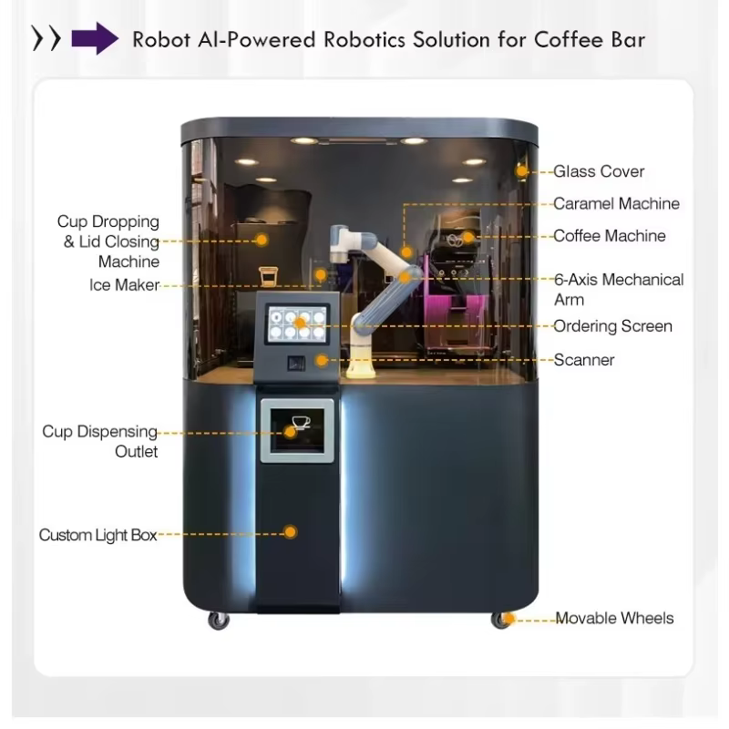 Machine à café robotisée entièrement automatique personnalisée, équipement commercial intelligent pour boissons, pour café et hôtel
