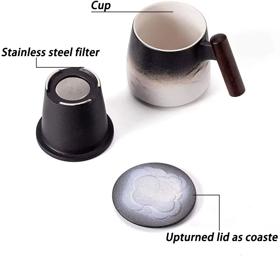 Tasses en céramique vintage avec poignée en bois