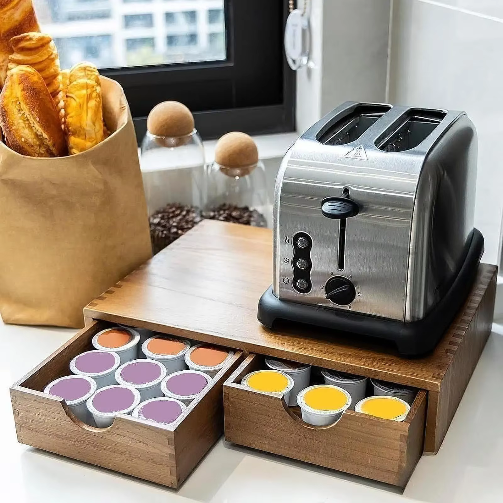 Tiroir de rangement pour capsules de café en bois