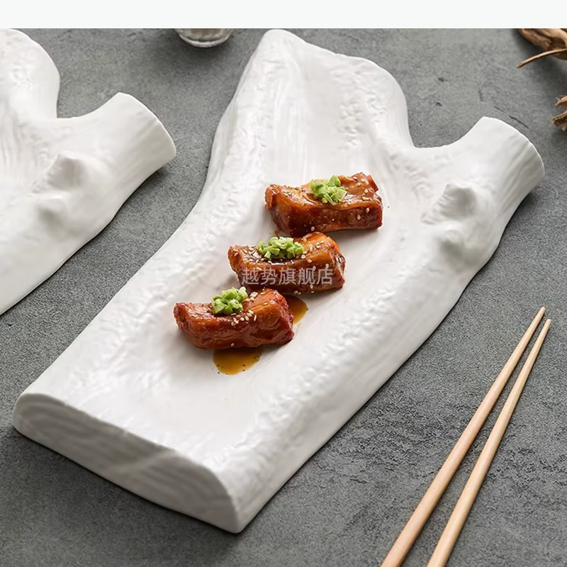 Assiette en céramique blanche mate, assiette de service, assiette à dessert, assiette à collation, assiette à sushi, assiettes en forme de branche d'arbre, vaisselle moléculaire pour restaurant