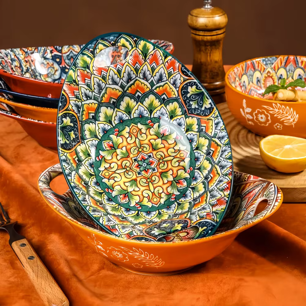 Bol à salade en céramique nouveauté bohème assiette ovale avec poignée micro-ondes sûr bol en forme de bateau bol de nourriture empilable bol de fruits-2PCS