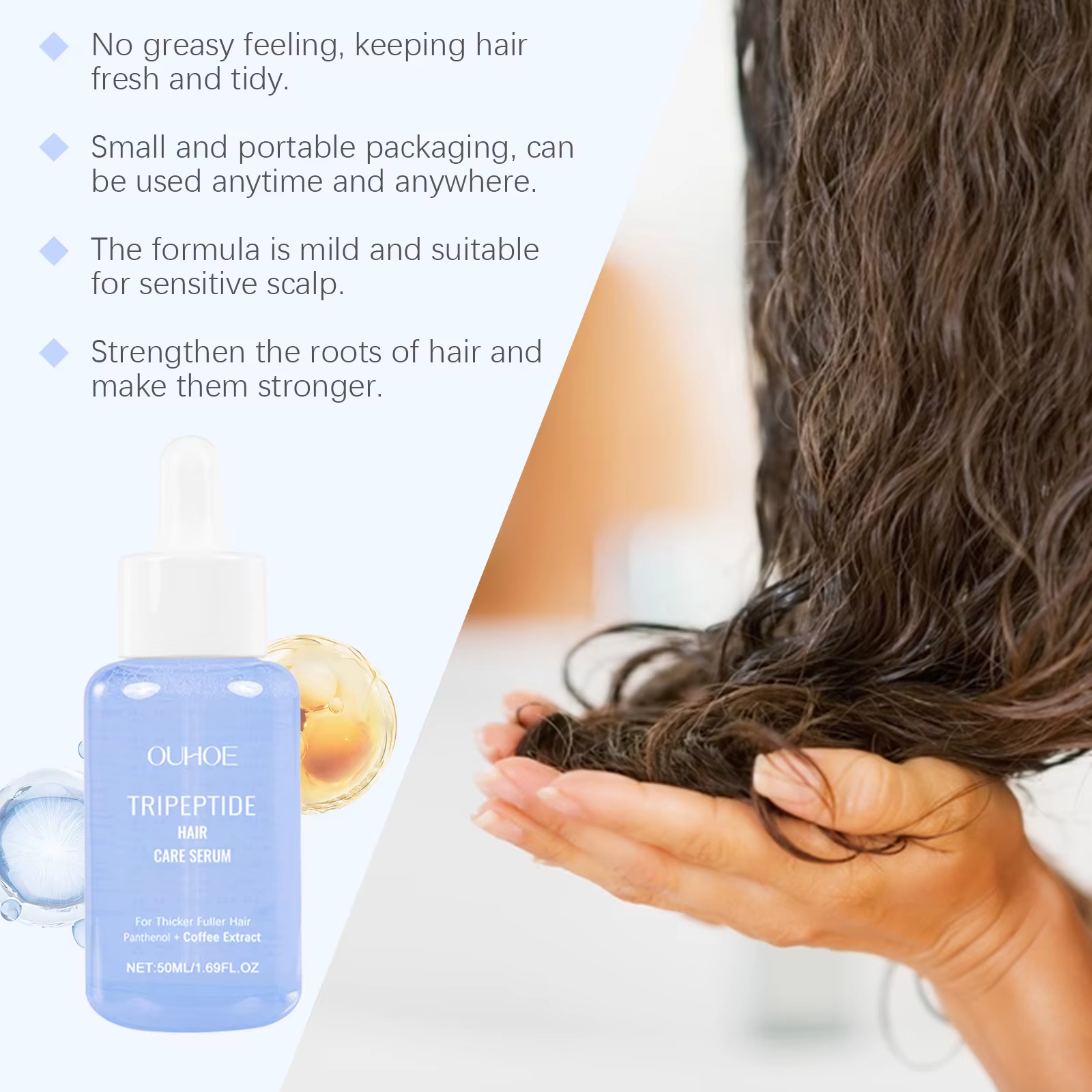 Sérum capillaire tripeptide, traitement fortifiant et nourrissant du cuir chevelu, extrait de café, favorise des cheveux plus épais, plus volumineux et plus sains, 50 ml