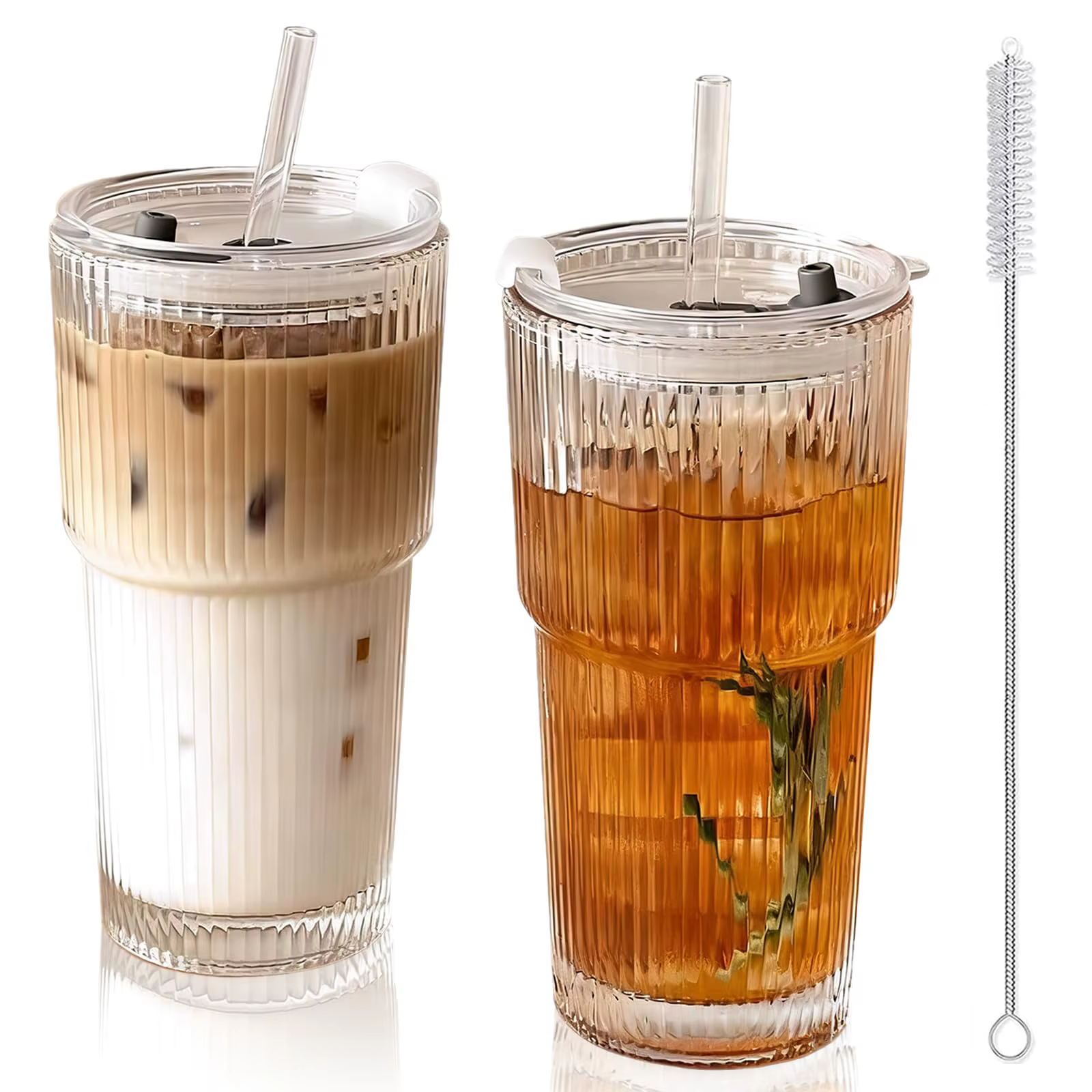 Lot de 2 gobelets à café glacé avec paille et couvercle