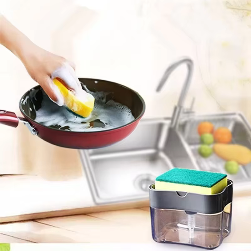 Distributeur de savon à vaisselle avec brosse de nettoyage automatique pour cuisine, distributeur de liquide et brosse à vaisselle intégrés