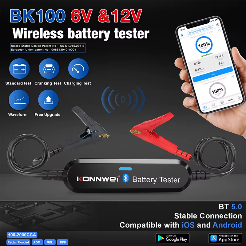 Testeur de batterie de voiture KONNWEI BK200 BK100 6V-12V-24V, contrôle par application Bluetooth pour surveiller les tests de charge, outil de diagnostic de batterie de voiture