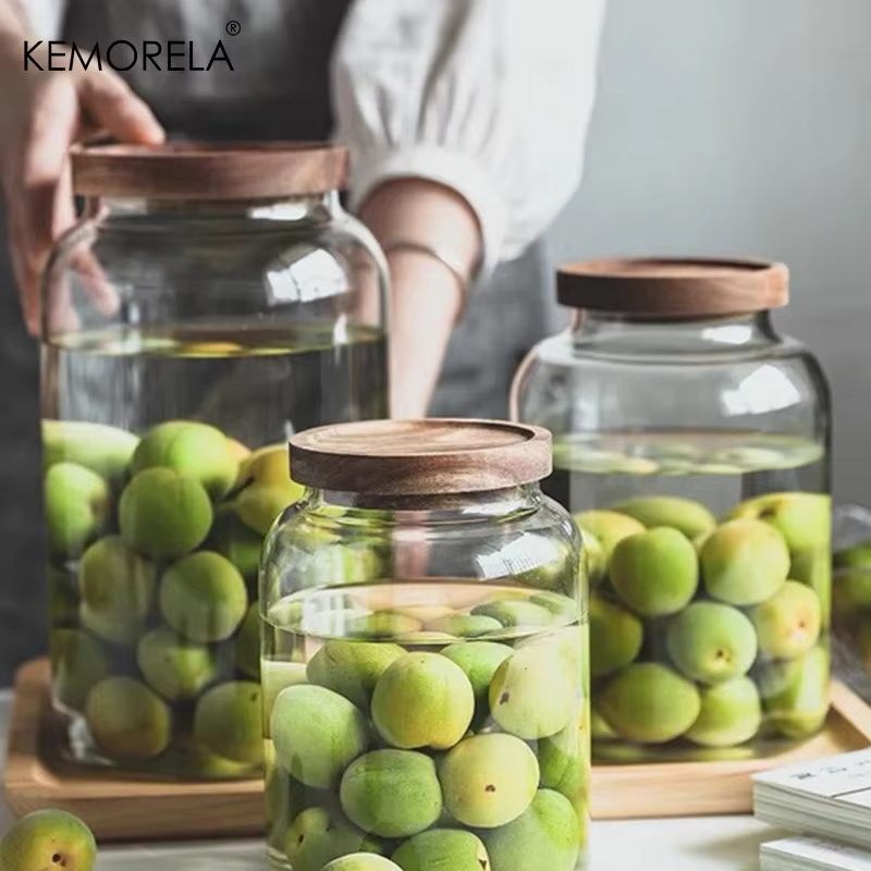 KEMORELA 3L pots de verre de cuisine avec couvercle hermétique d'acacia pour farine et sucre récipient de nourriture