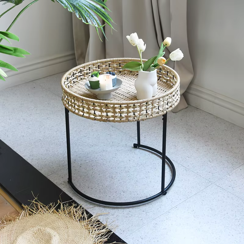 Table basse ronde en rotin de Style japonais, corde tissée, cadre en fer, Table d'appoint à thé pour salon, balcon, décor pour petit appartement
