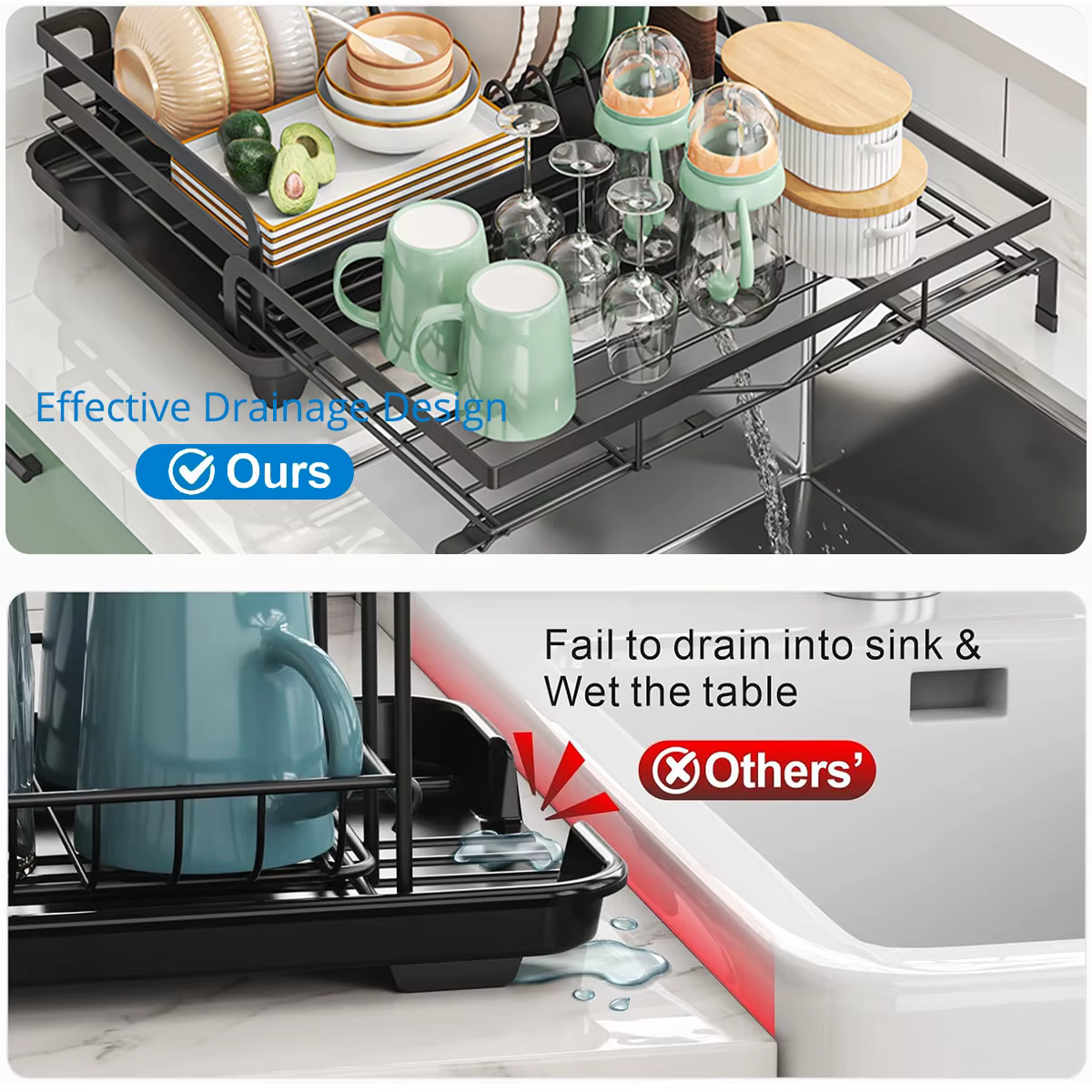 Égouttoir à vaisselle extensible avec porte-couverts et bec de drainage pivotant
