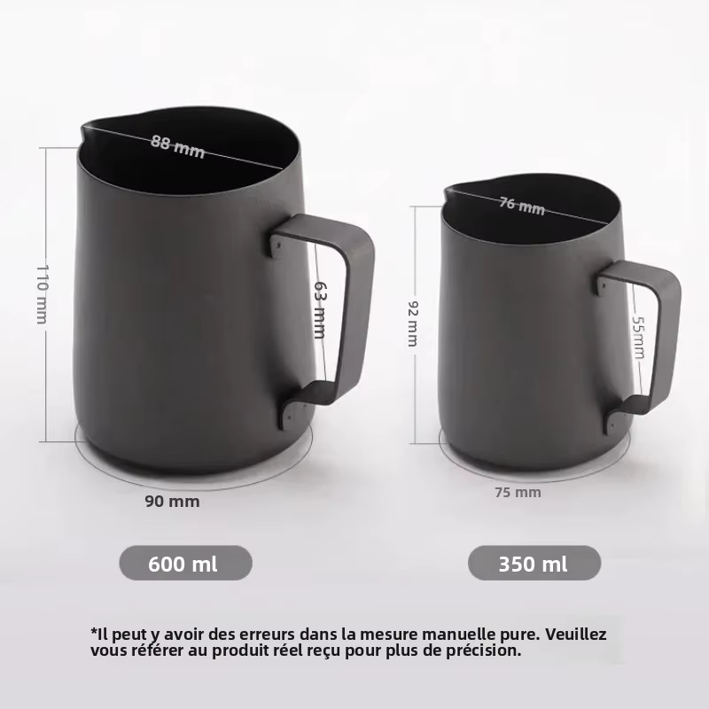Tasse à latte art noire épaisse 350/600 ml avec bec verseur