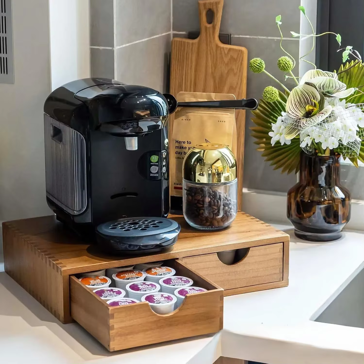 Tiroir de rangement pour capsules de café en bois