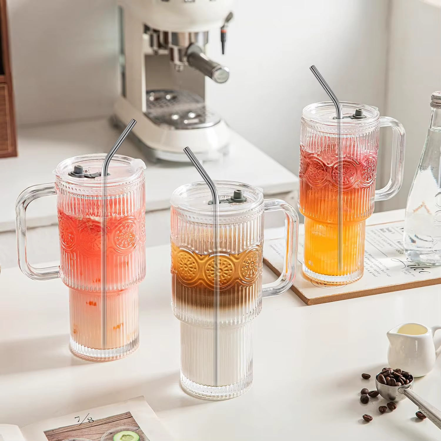 Gobelets en verre côtelés et à motifs floraux de 500 ml avec couvercles/pailles – Tasses réutilisables pour café