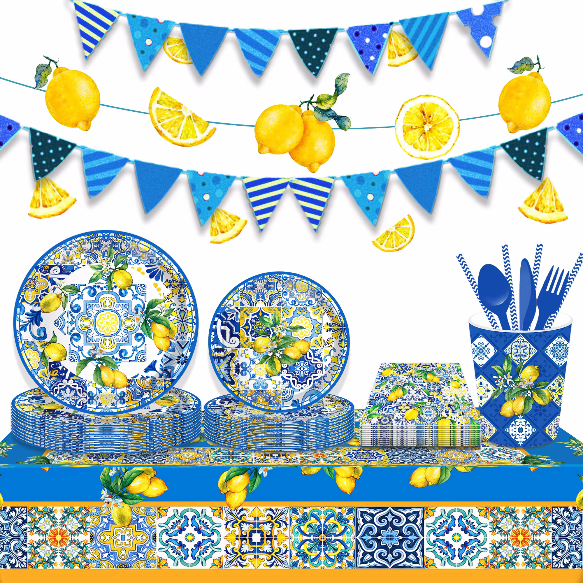 Ensemble de vaisselle jetable en porcelaine bleue et blanche