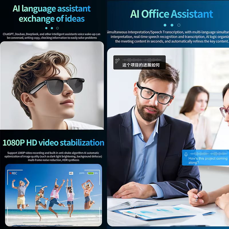 Nouvelles Lunettes Intelligentes 2026 : Assistant de Bureau IA, Traduction, Musique Sans Fil, Appels, Caméra HD 800W, Enregistrement Photo et Vidéo