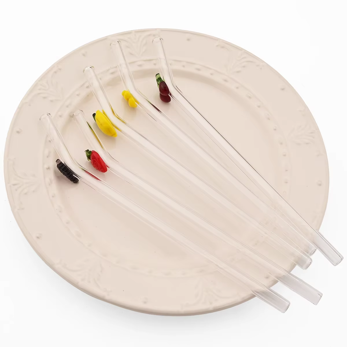 Ensemble de pailles en verre à haute teneur en Borosilicate, 5 pièces, autocollants créatifs pour fruits, thé au lait, jus, paille à Cocktail avec brosse, accessoires de Bar