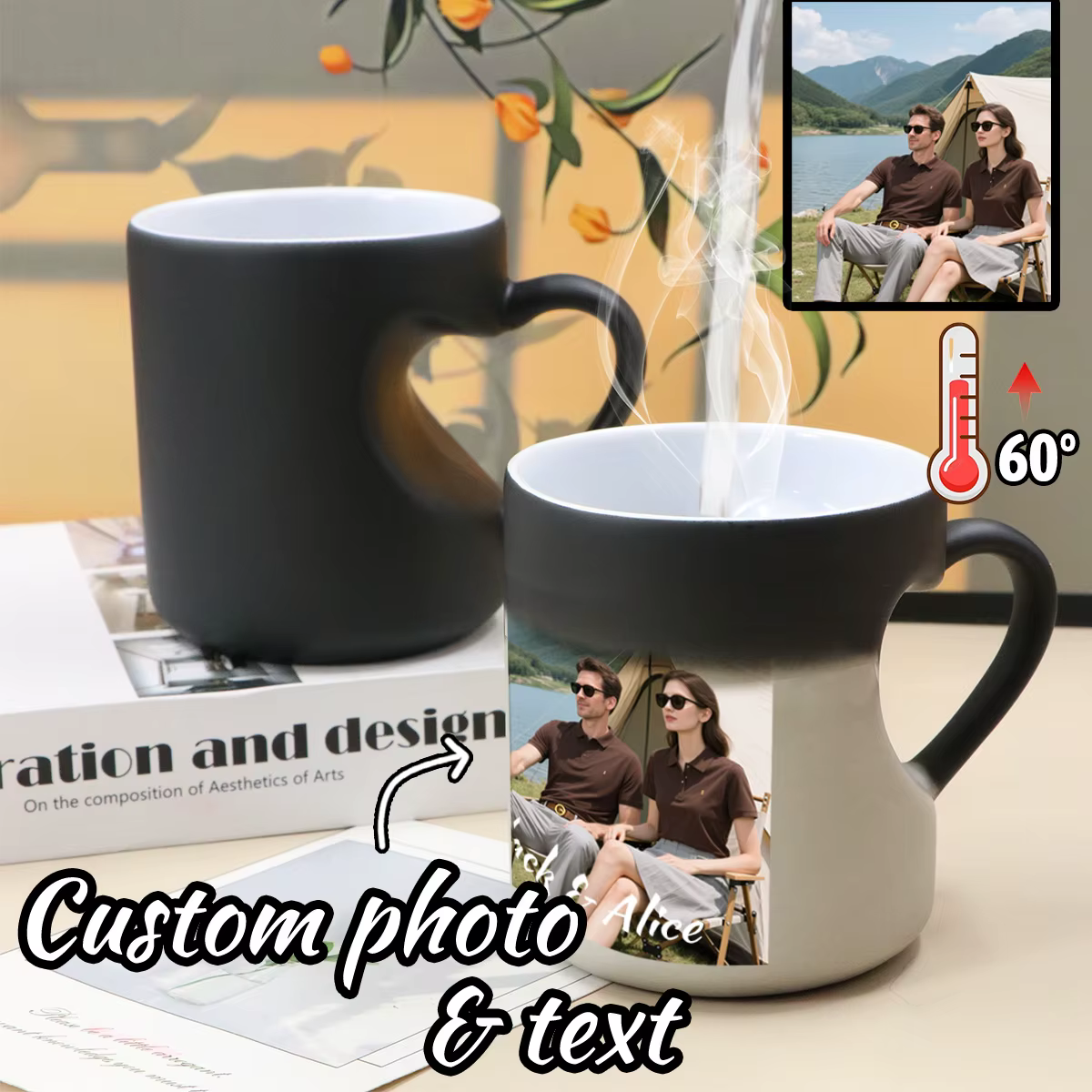 Mug à café personnalisé changeant de couleur avec photo et texte