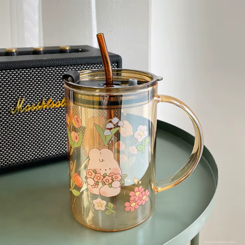 Tasse en verre avec couvercle en paille en forme de lapin mignon, Kawaii, pour café, lait, bière, vin, verres à boire, tasse pour eau et jus coréens, cadeau