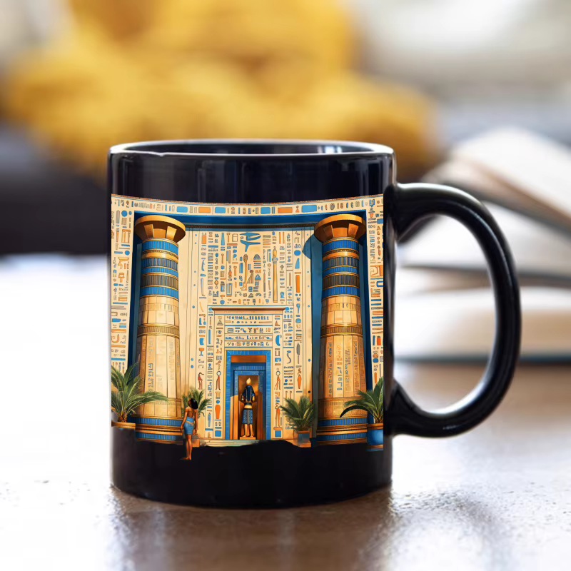 Un temple égyptien noir conçu une tasse en céramique avec hiéroglyphes et colonnes convient à boire du café