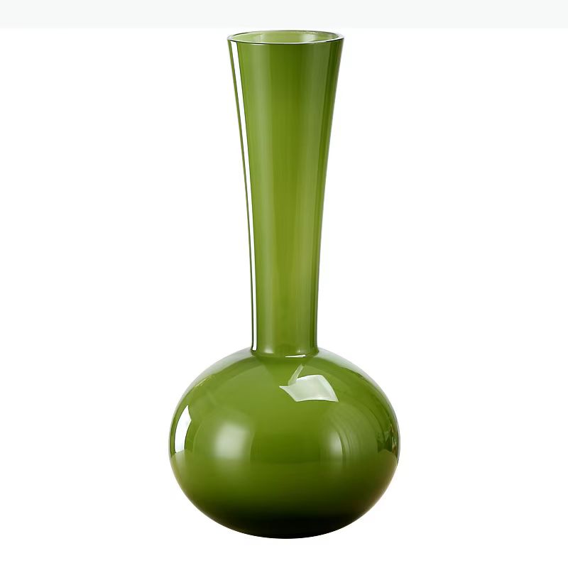 Vase en verre vert à long col