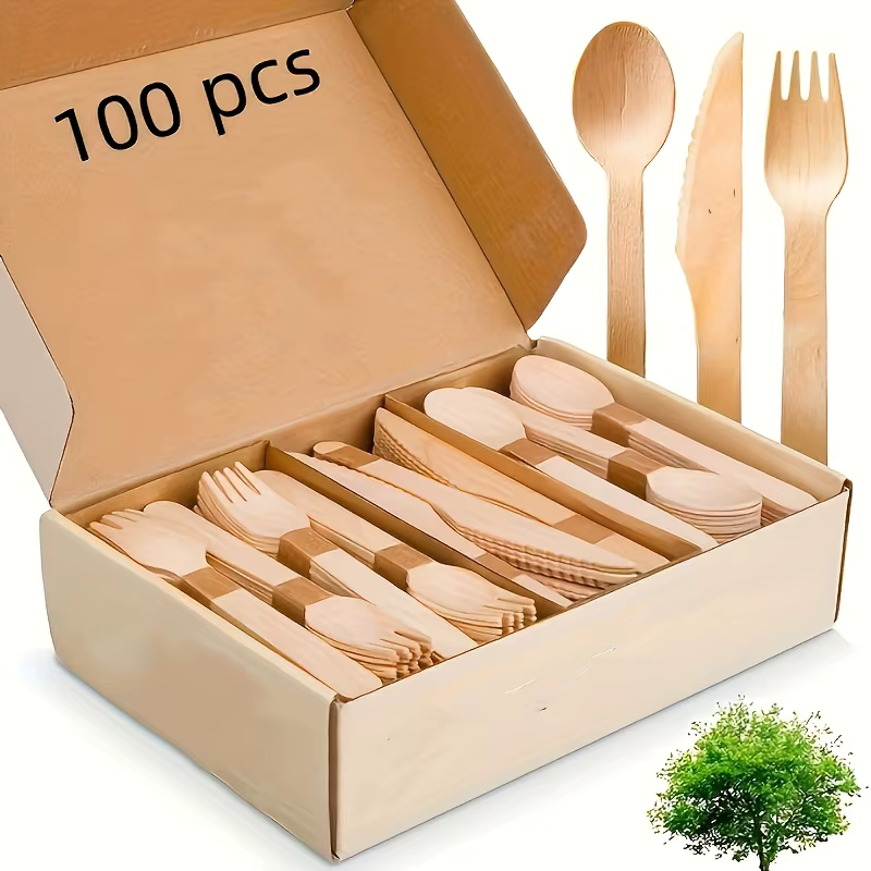 Un ensemble de couverts en bois de qualité supérieure – 100/200 ustensiles jetables (50/100 fourchettes