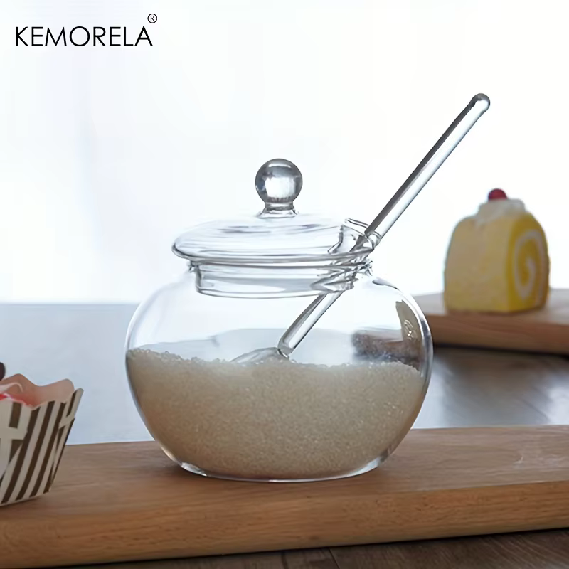 1/2PCS 250ML Sucrier en verre transparent avec cuillère et couvercle arrondi