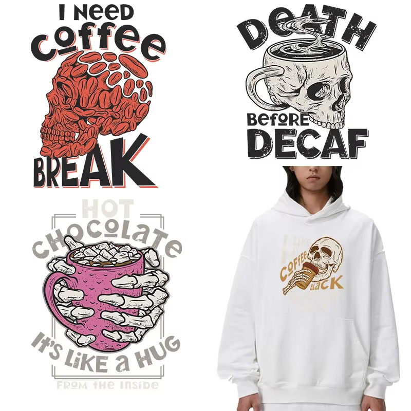 Transferts DTF Prêts à Presser pour Vêtements : Motif Crâne de Grains de Café – Transfert Thermocollant pour Impression sur Tissu