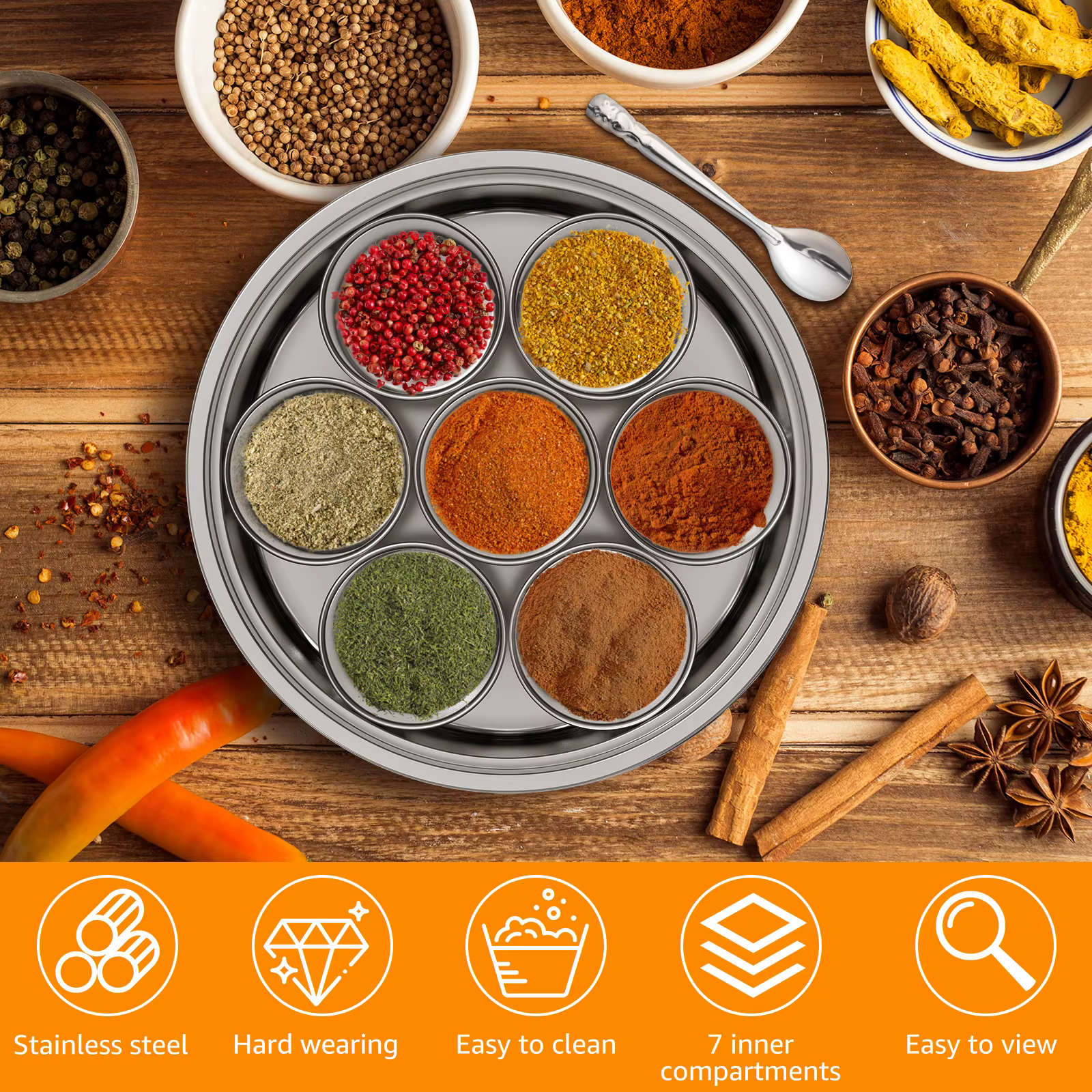 Masala Dabba Boîte à épices Récipient de stockage d'épices en acier inoxydable avec 7 compartiments