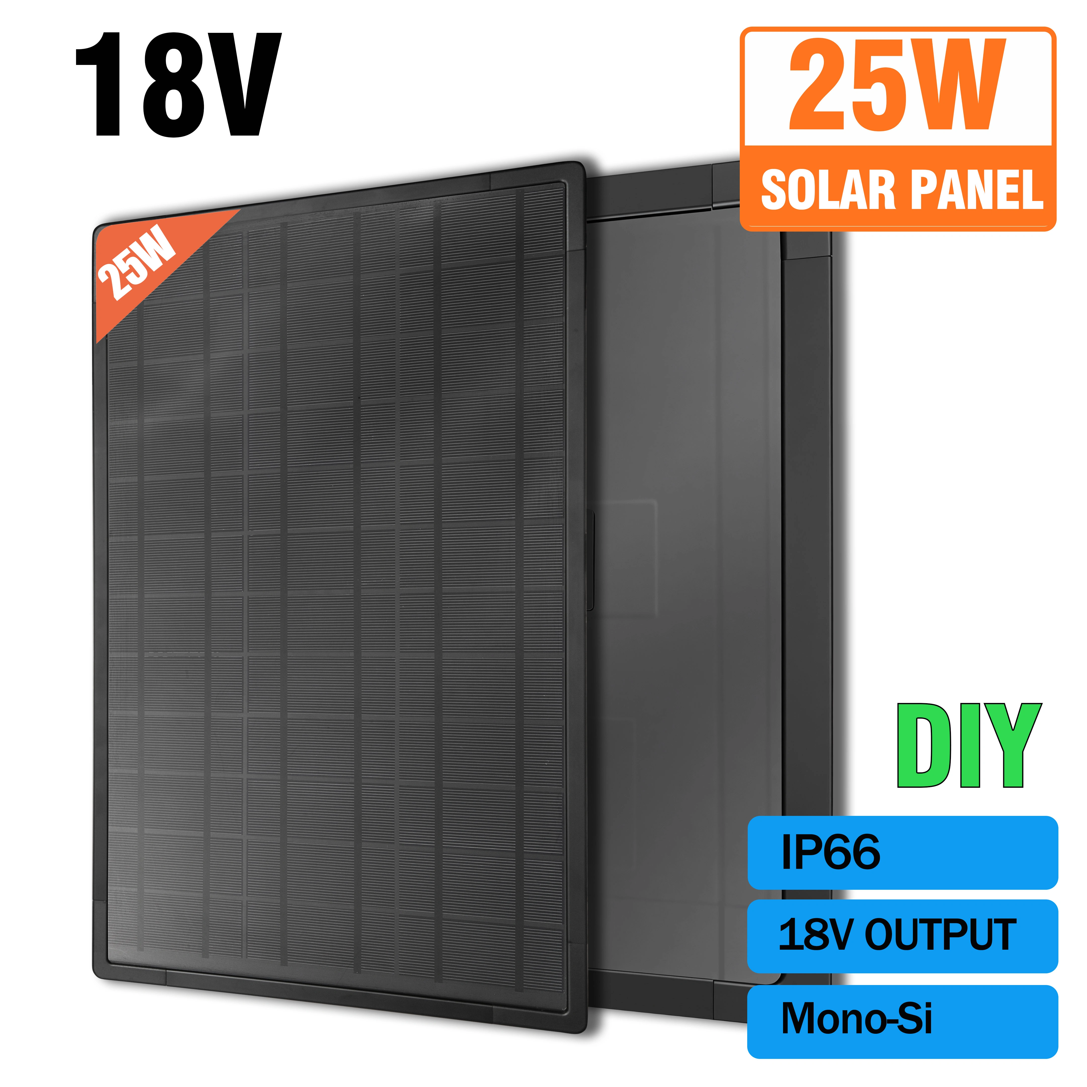 Panneau solaire mono-Si 25W en verre trempé, taux de conversion élevé de 25%, sortie 18V, module solaire étanche, kit de charge photovoltaïque DIY