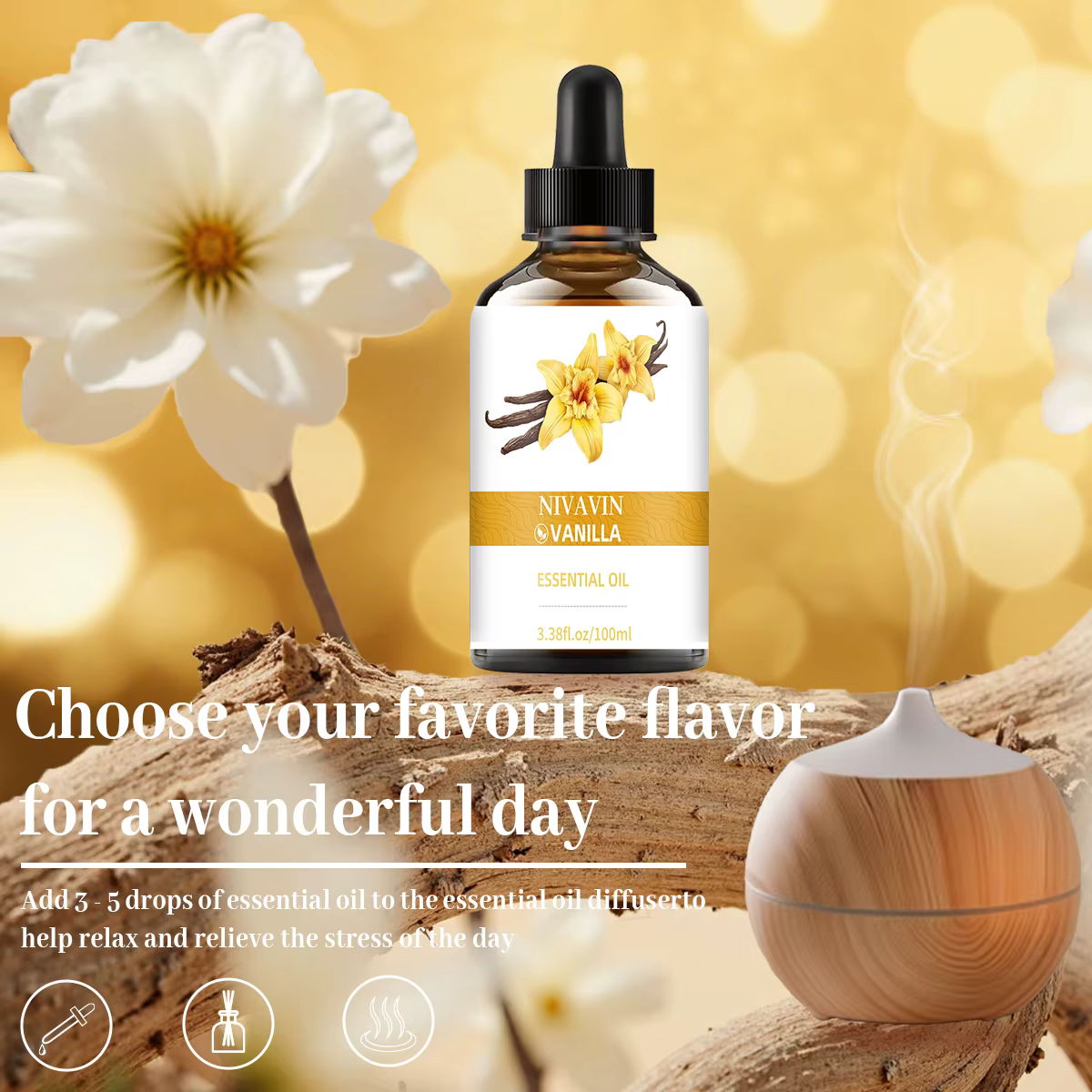 Huile essentielle de vanille NIVAVIN 30ml/60ml/100ml, naturellement extraite, parfum riche, senteur longue durée, idéale pour un usage domestique.