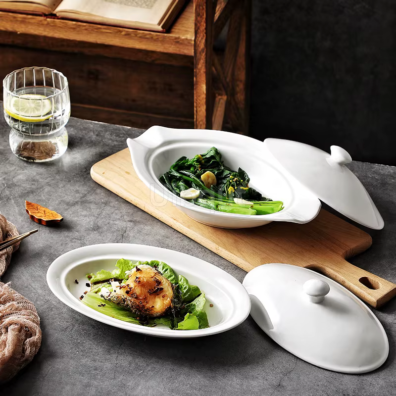 Vaisselle elliptique ovale en céramique assiette blanche plat avec couvercle tasse à légumes hôtel créatif restaurant fromage cuit riz bol profond