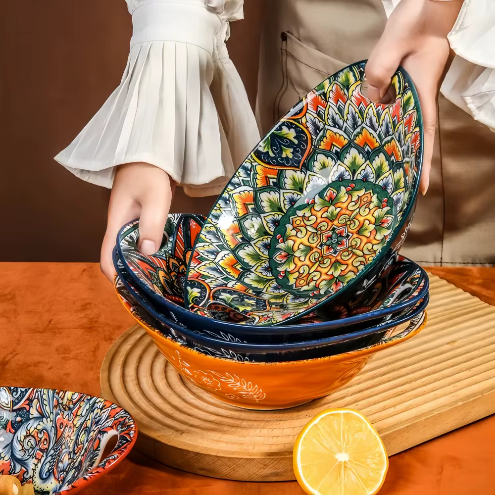 Bol à salade en céramique nouveauté bohème assiette ovale avec poignée micro-ondes sûr bol en forme de bateau bol de nourriture empilable bol de fruits-2PCS
