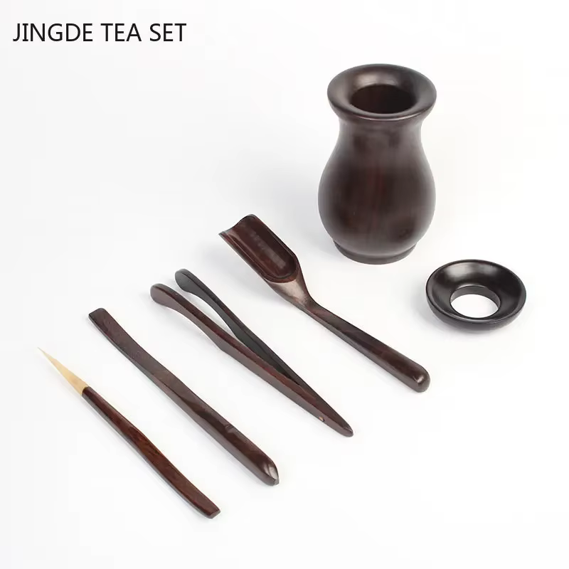 Cérémonie du thé Six messieurs ensemble service à thé chinois accessoires ébène thé faisant des outils pince à thé en bois massif cuillère thé Art décoration